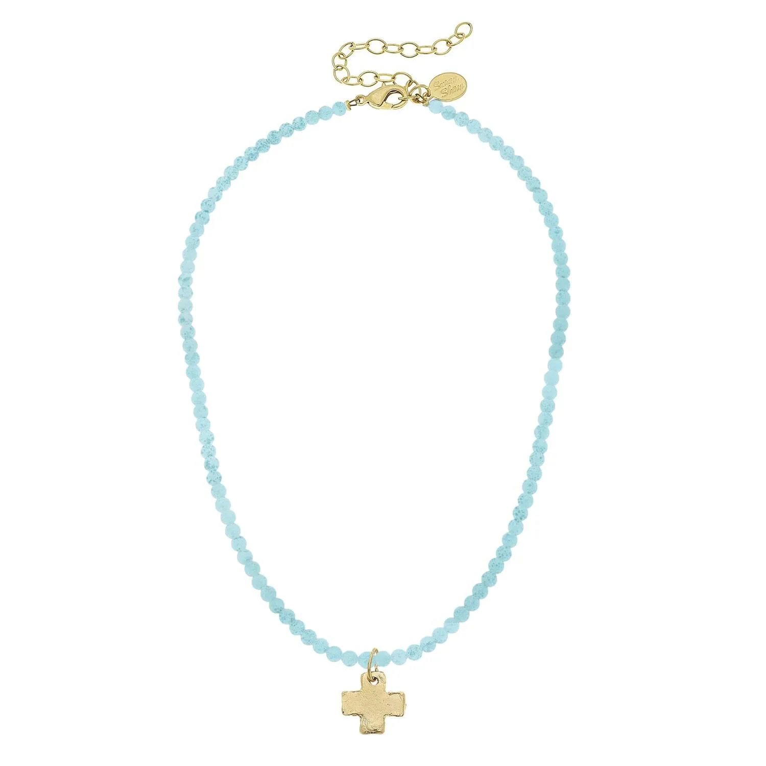 Dainty Beaded Cross Necklace - Aqua Agate