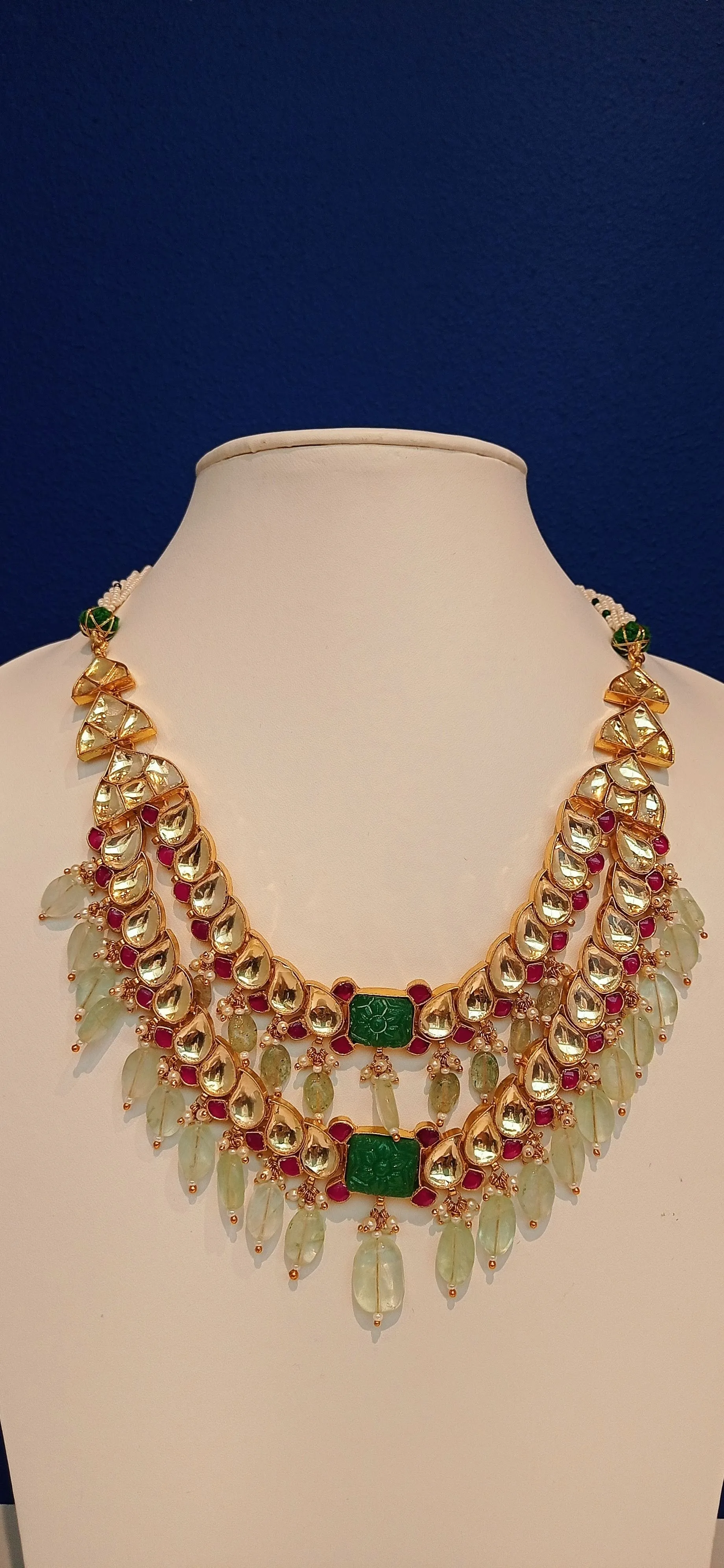 Kavya Double-Strand Kundan Polki Diamond, Ruby Red and Jade Green Necklace and Earrings Set