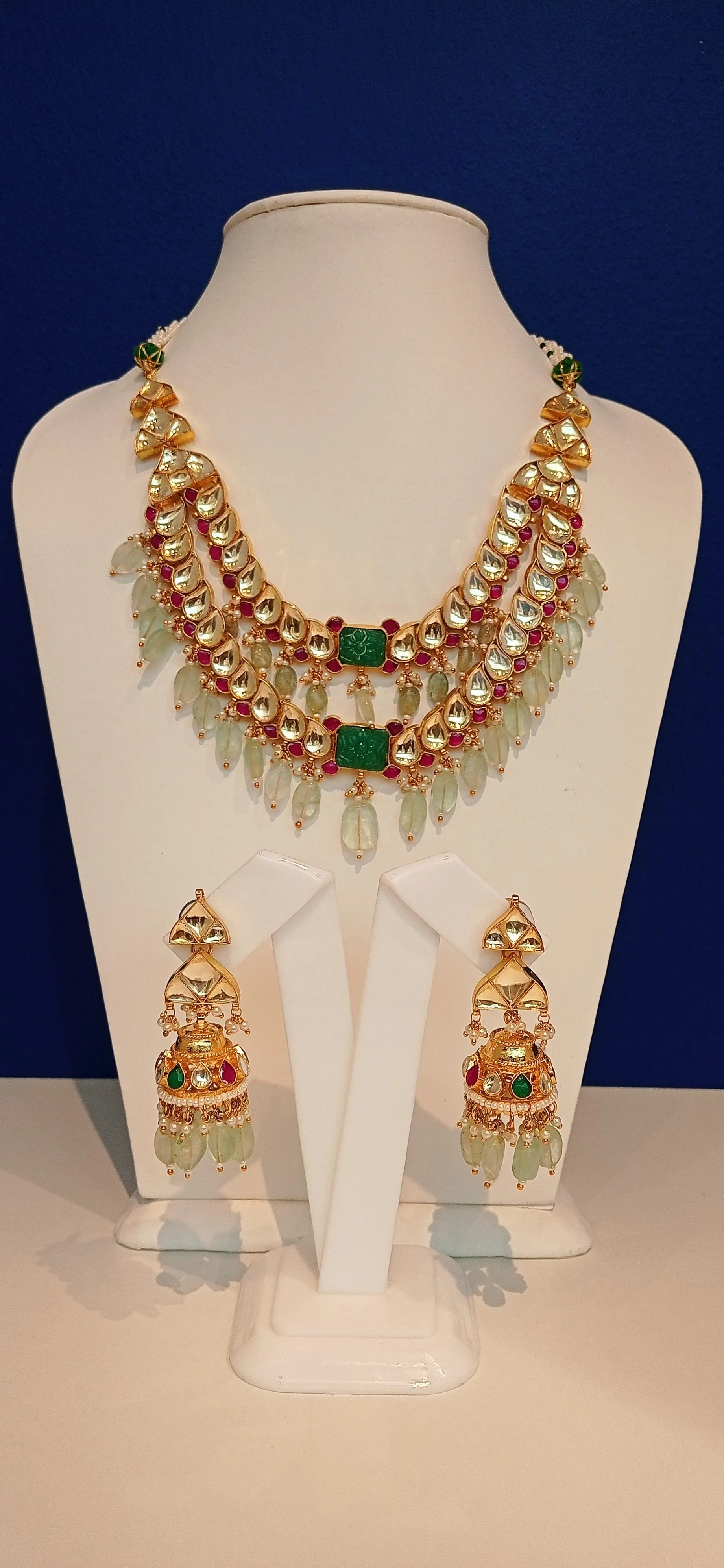Kavya Double-Strand Kundan Polki Diamond, Ruby Red and Jade Green Necklace and Earrings Set