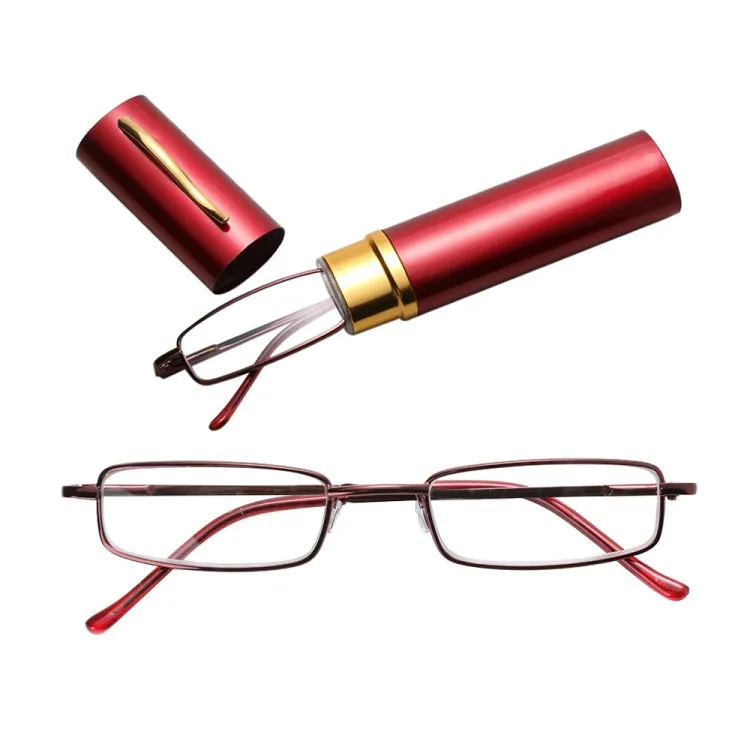 Reading Glasses Metal Spring Foot Portable Presbyopic Glasses with Tube Case  1.00D(Red)