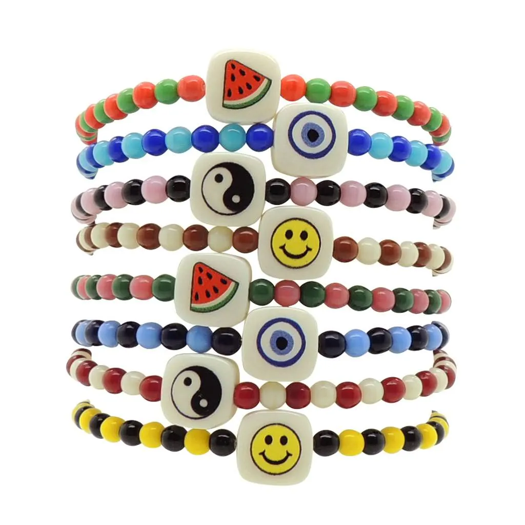 Smiley Chiclet Charm Two Tone Glass Bead Bracelet